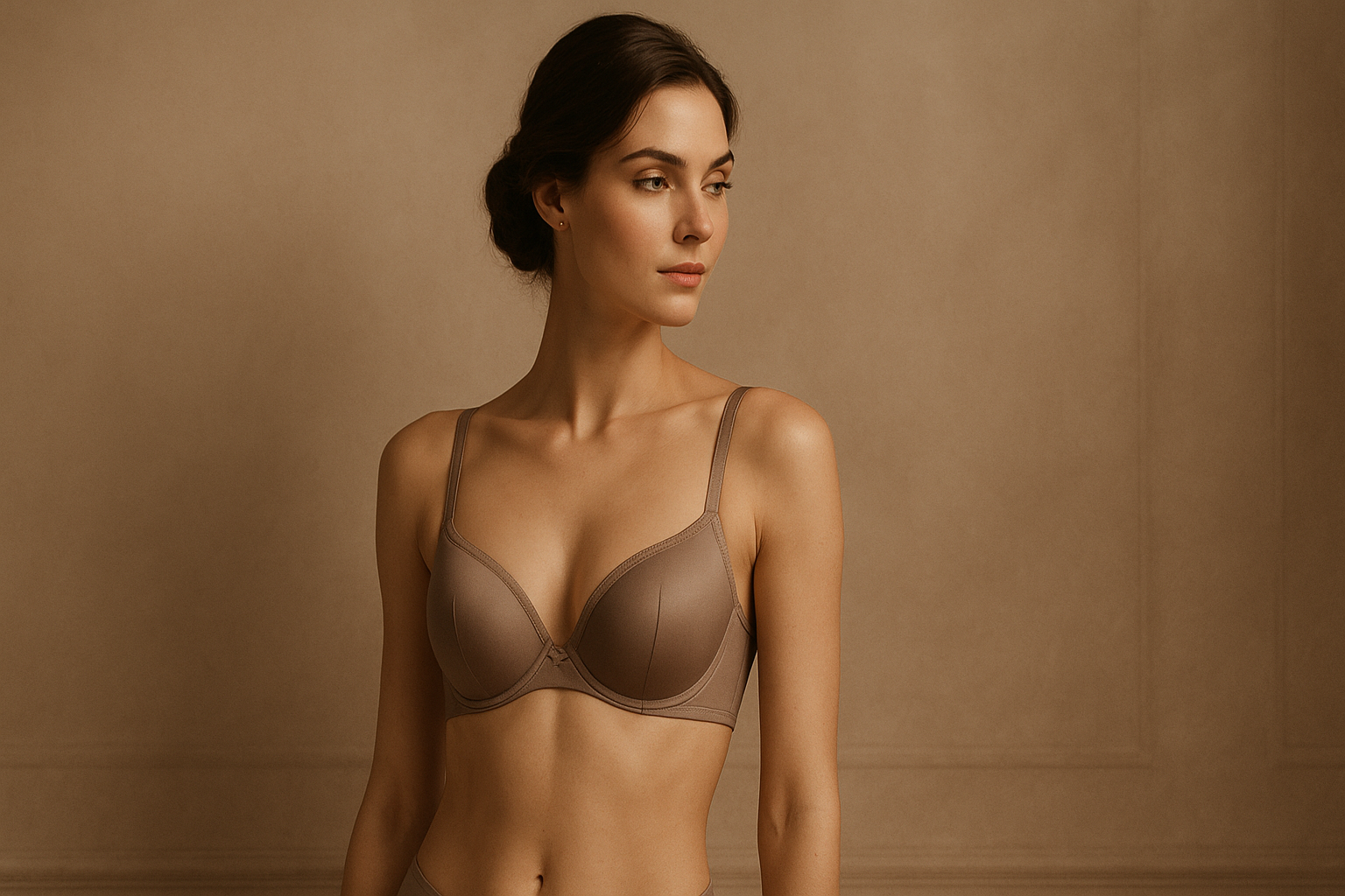 give me an image in which a lady is wearing bra and show a pretty ladie in it wearing a nicely bra in it so design the image accordingly and adjust the background color with theme and adjust the size wtih 1400px*600 theme color is C2B7AC